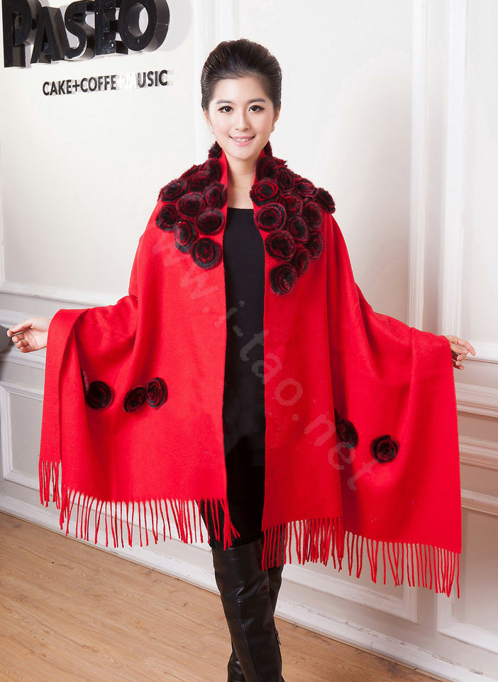 100% Wool Wraps Rabbit Fur Scarf Shawls Flowers Female Winter Warm Pashmina - Red