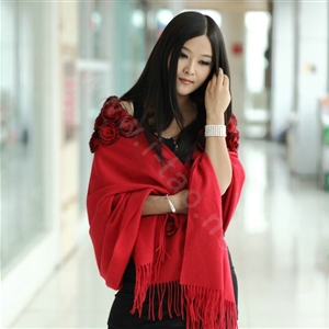 100% Wool Wraps Rabbit Fur Scarf Shawls Flowers Female Winter Warm Pashmina - Red