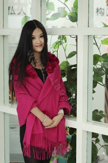 100% Wool Wraps Rabbit Fur Scarf Shawls Flowers Female Winter Warm Pashmina - Rose