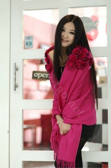 100% Wool Wraps Rabbit Fur Scarf Shawls Flowers Female Winter Warm Pashmina - Rose