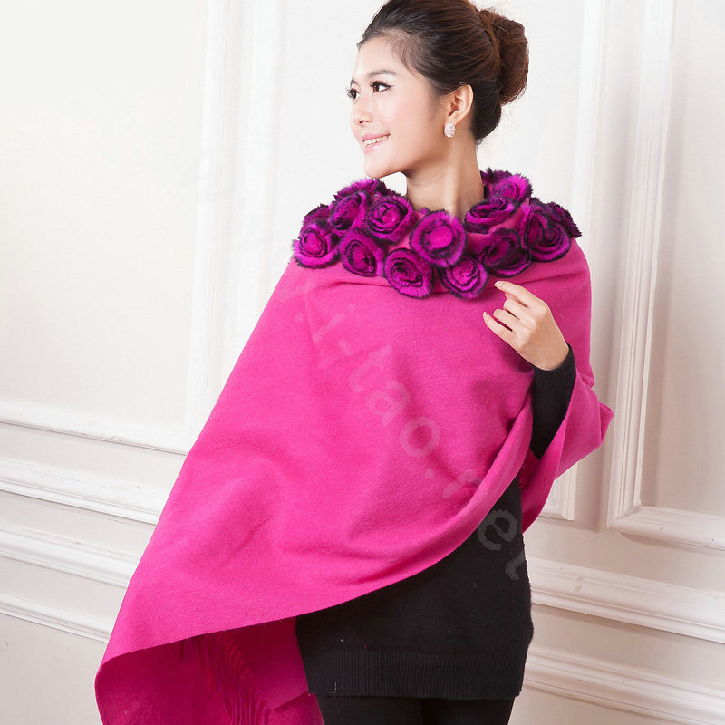 100% Wool Wraps Rabbit Fur Scarf Shawls Flowers Female Winter Warm Pashmina - Rose