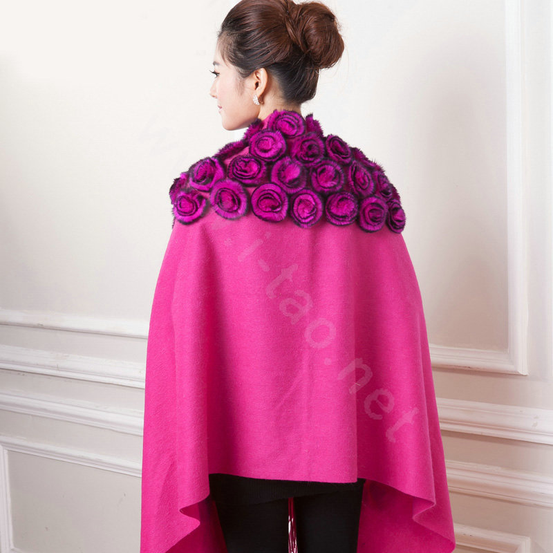 100% Wool Wraps Rabbit Fur Scarf Shawls Flowers Female Winter Warm Pashmina - Rose