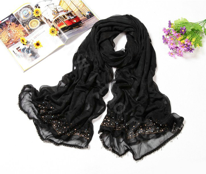Fashion grid long scarf shawl women warm cotton silk diamond wrap scarves - Black