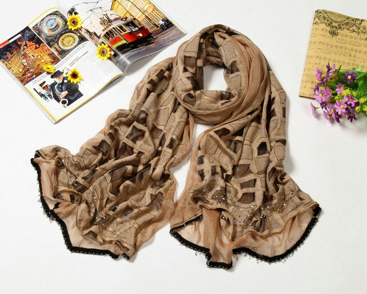 Fashion grid long scarf shawl women warm cotton silk diamond wrap scarves - Brown