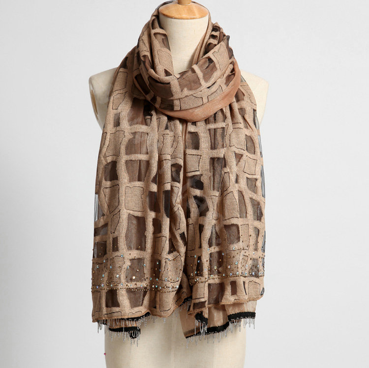 Fashion grid long scarf shawl women warm cotton silk diamond wrap scarves - Brown