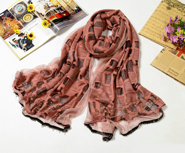 Fashion grid long scarf shawl women warm cotton silk diamond wrap scarves - Light red