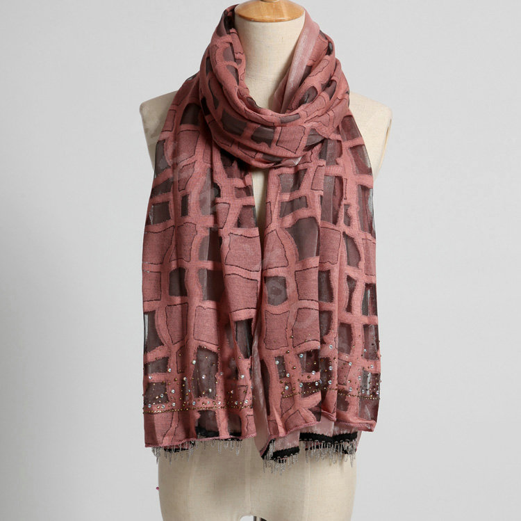 Fashion grid long scarf shawl women warm cotton silk diamond wrap scarves - Light red