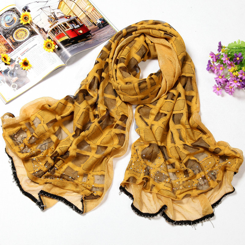 Fashion grid long scarf shawl women warm cotton silk diamond wrap scarves - Yellow