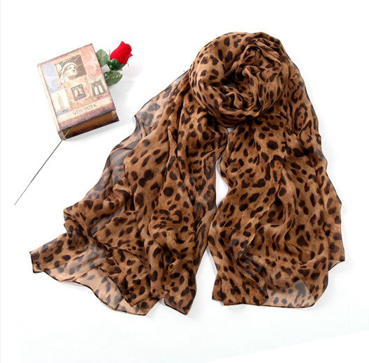 Fashion leopard long scarf shawl women warm mulberry silk wrap scarves - Coffee
