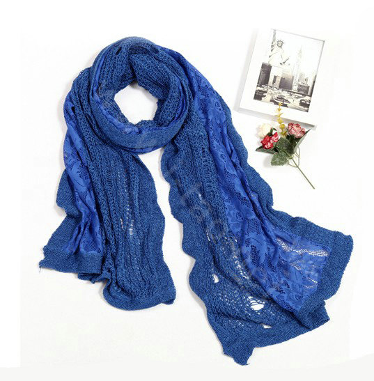 Fashion long knitted scarf shawl women warm lace woolen wrap scarves - Blue