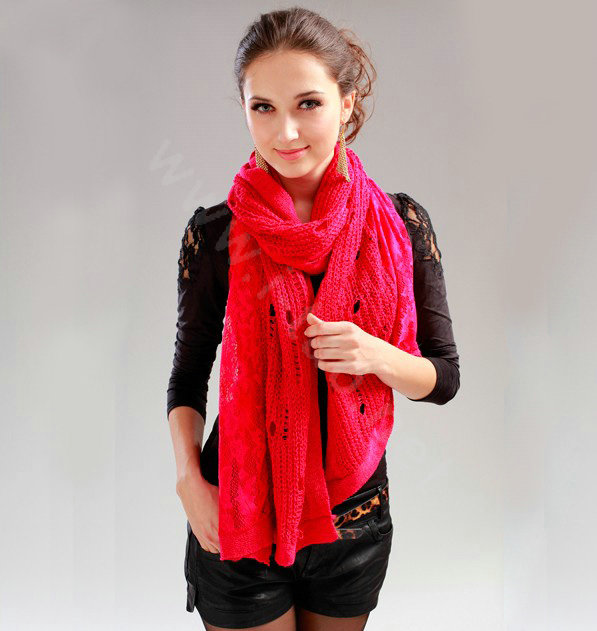 Fashion long knitted scarf shawl women warm lace woolen wrap scarves - Rose