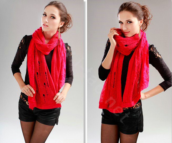 Fashion long knitted scarf shawl women warm lace woolen wrap scarves - Rose