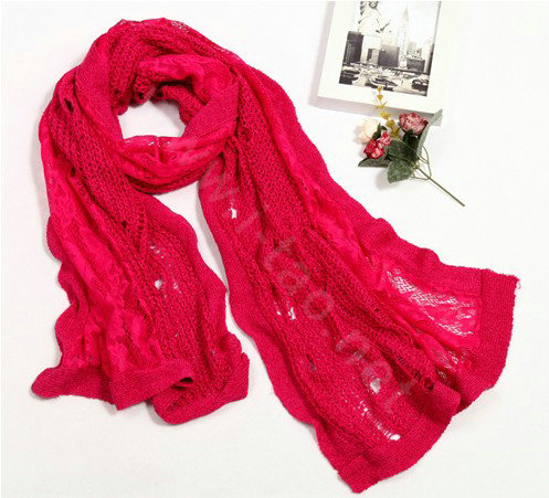 Fashion long knitted scarf shawl women warm lace woolen wrap scarves - Rose