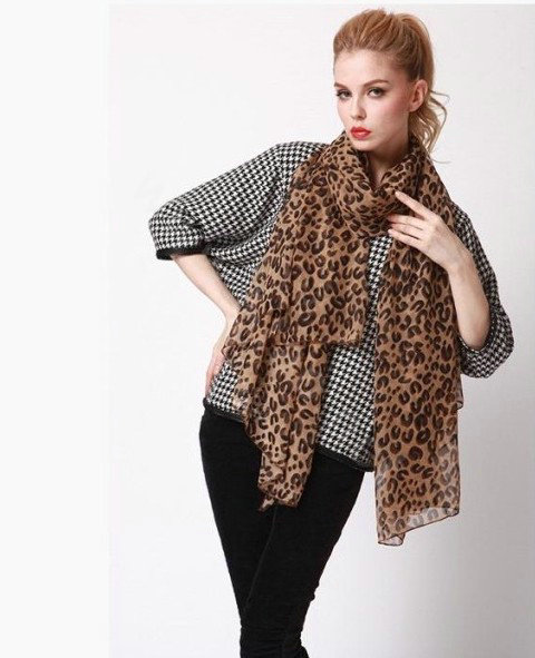 Fashion long soft animal print shawl scarf women warm silk leopard chiffon scarves - Coffee