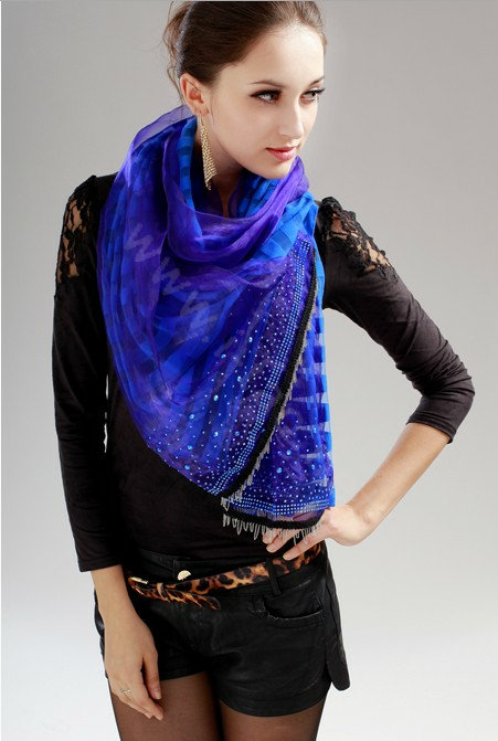 Fashion organza long scarf shawl women warm silk diamond wrap scarves - Blue