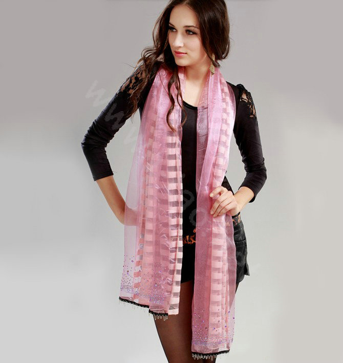 Fashion organza long scarf shawl women warm silk diamond wrap scarves - Pink