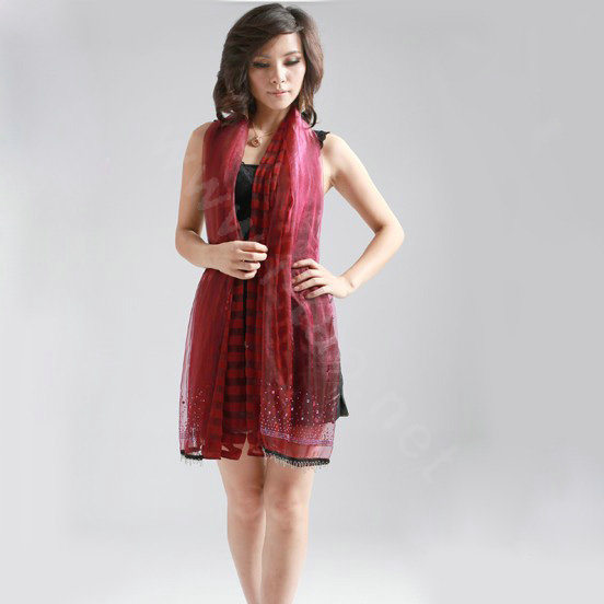 Fashion organza long scarf shawl women warm silk diamond wrap scarves - Red