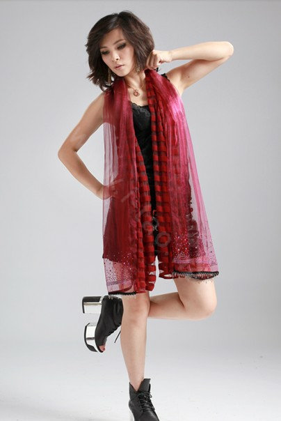 Fashion organza long scarf shawl women warm silk diamond wrap scarves - Red