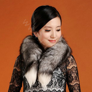 Fox fur scarf fashion women fox tail Shawl winter warm female neck wrap - Black