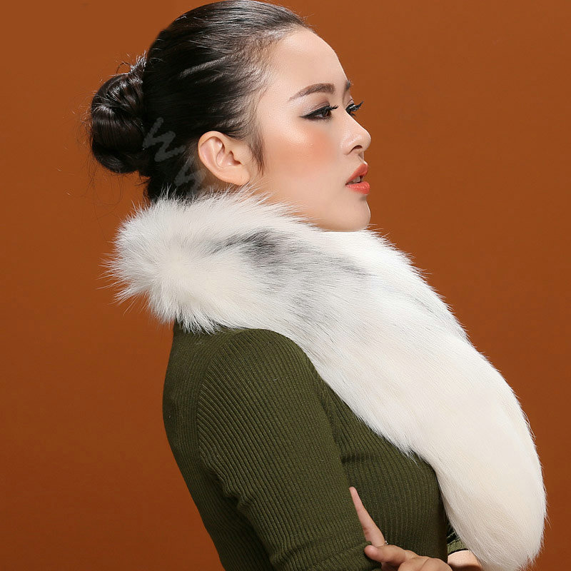 Fox fur scarf fashion women fox tail Shawl winter warm female neck wrap - White