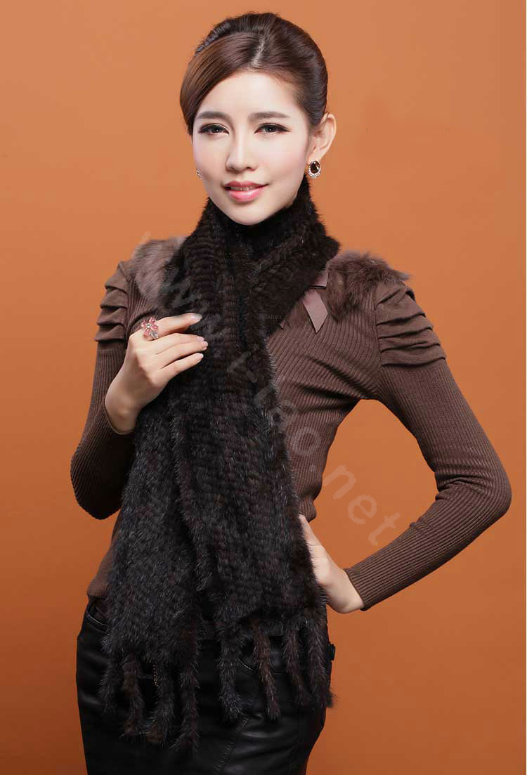 Genuine Knitted Mink fur scarf women winter warm female Tassel neck wraps - Black
