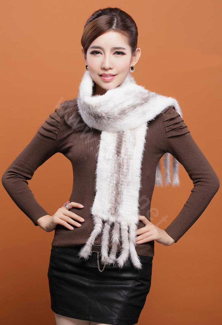 Genuine Knitted Mink fur scarf women winter warm female Tassel neck wraps - White