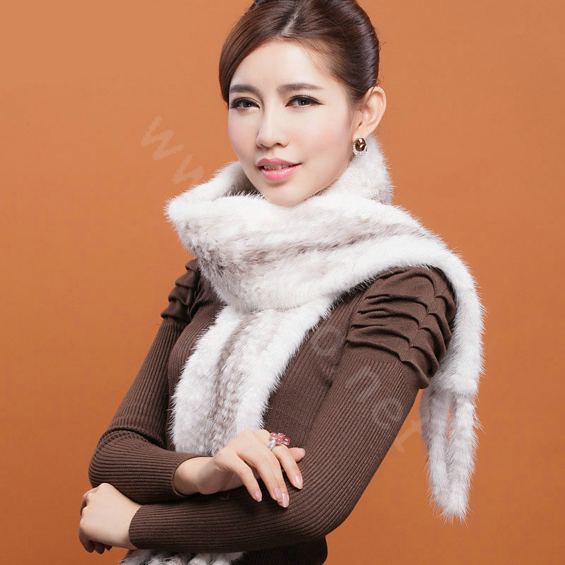 Genuine Knitted Mink fur scarf women winter warm female Tassel neck wraps - White