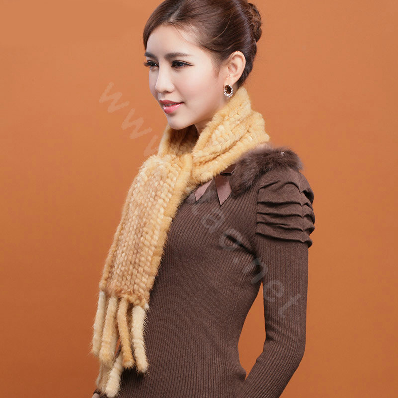 Genuine Knitted Mink fur scarf women winter warm female Tassel neck wraps - Yellow