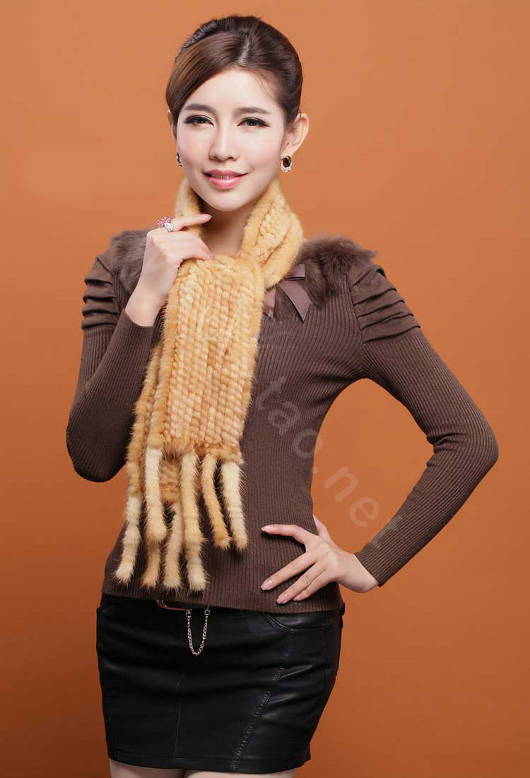 Genuine Knitted Mink fur scarf women winter warm female Tassel neck wraps - Yellow