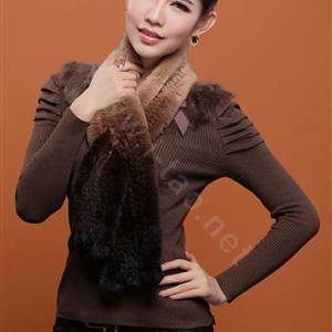 Genuine Knitted Rex rabbit fur scarf women winter warm female Gradient neck wraps - Brown