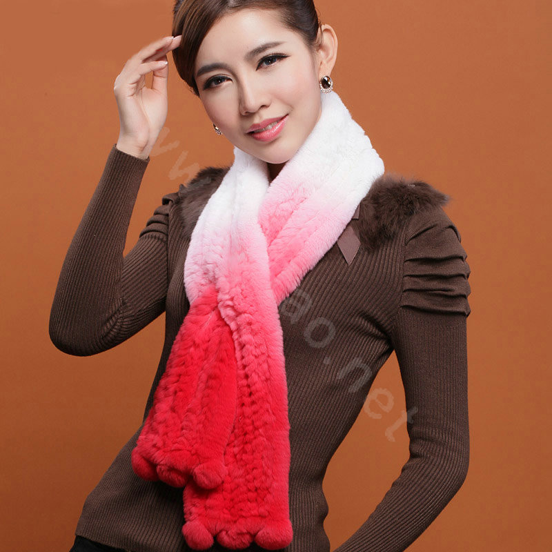 Genuine Knitted Rex rabbit fur scarf women winter warm female Gradient neck wraps - Red