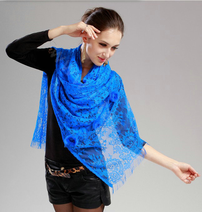 High-end Fashion long flower scarf shawl women warm lace mink wrap scarves - Blue
