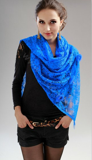 High-end Fashion long flower scarf shawl women warm lace mink wrap scarves - Blue