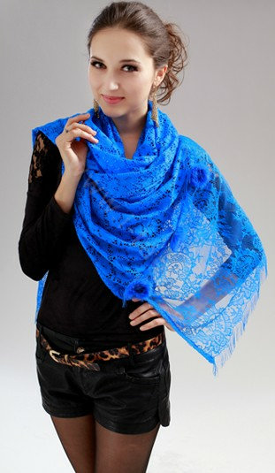 High-end Fashion long flower scarf shawl women warm lace mink wrap scarves - Blue
