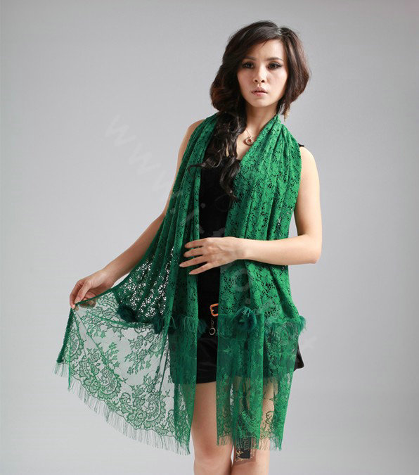 High-end Fashion long flower scarf shawl women warm lace mink wrap scarves - Green