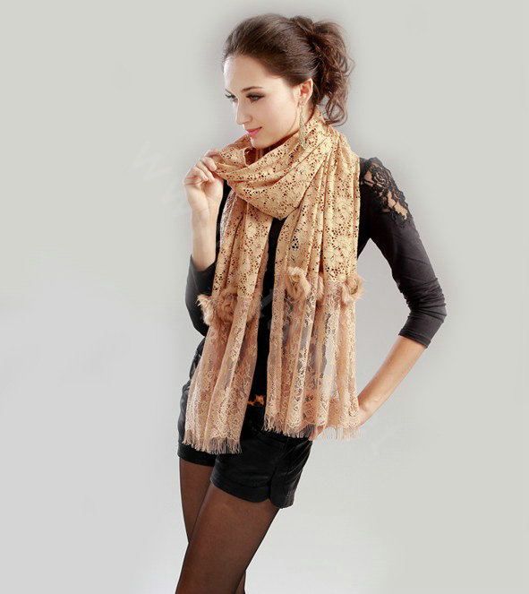 High-end Fashion long flower scarf shawl women warm lace mink wrap scarves - Khaki
