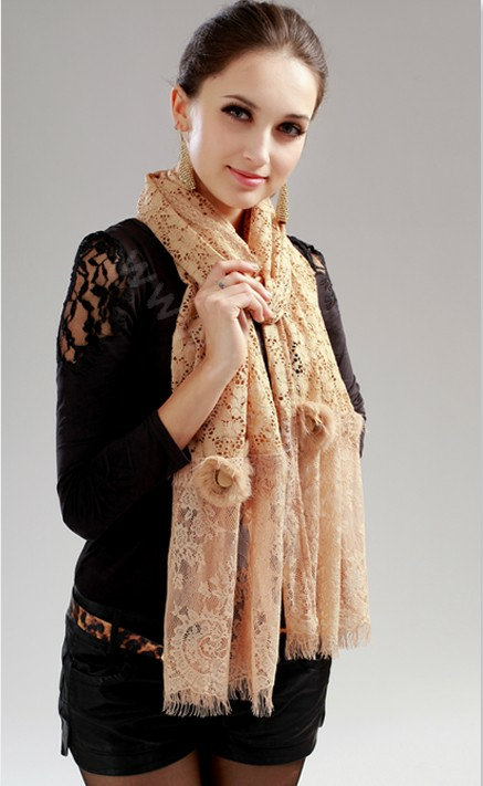 High-end Fashion long flower scarf shawl women warm lace mink wrap scarves - Khaki