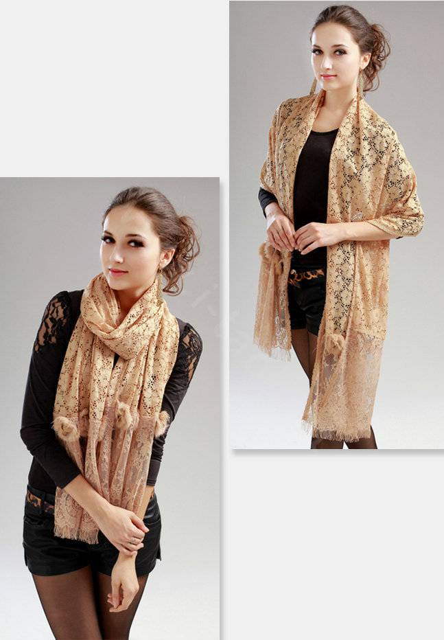 High-end Fashion long flower scarf shawl women warm lace mink wrap scarves - Khaki