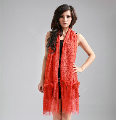 High-end Fashion long flower scarf shawl women warm lace mink wrap scarves - Orange