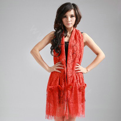 High-end Fashion long flower scarf shawl women warm lace mink wrap scarves - Orange