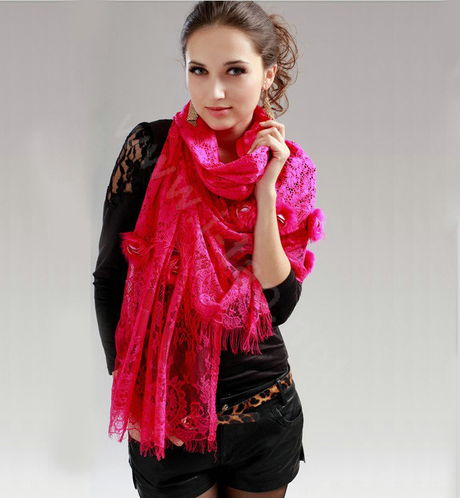 High-end Fashion long flower scarf shawl women warm lace mink wrap scarves - Rose
