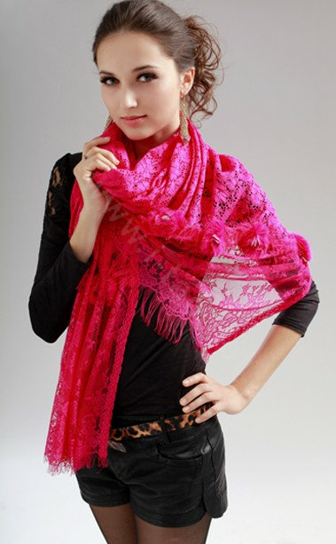 High-end Fashion long flower scarf shawl women warm lace mink wrap scarves - Rose