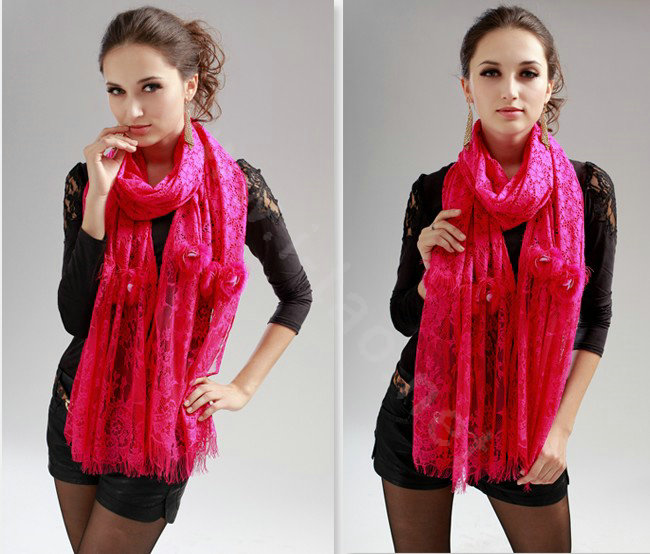 High-end Fashion long flower scarf shawl women warm lace mink wrap scarves - Rose