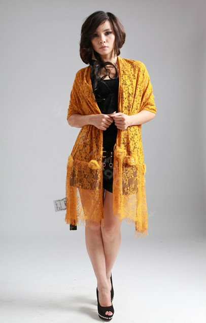 High-end Fashion long flower scarf shawl women warm lace mink wrap scarves - Yellow