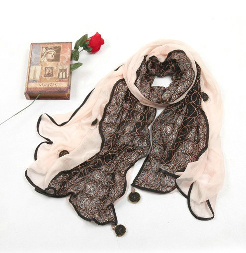High-end Fashion long scarf shawl women warm lace chiffon wrap scarves - Beige