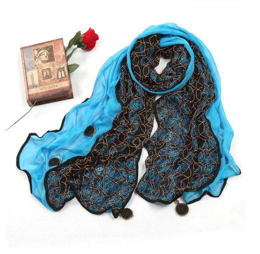 High-end Fashion long scarf shawl women warm lace chiffon wrap scarves - Blue