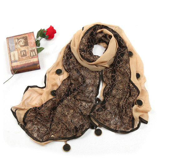 High-end Fashion long scarf shawl women warm lace chiffon wrap scarves - Khaki
