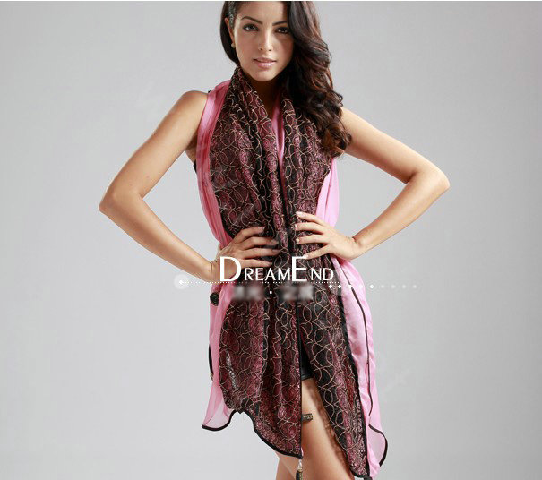 High-end Fashion long scarf shawl women warm lace chiffon wrap scarves - Pink