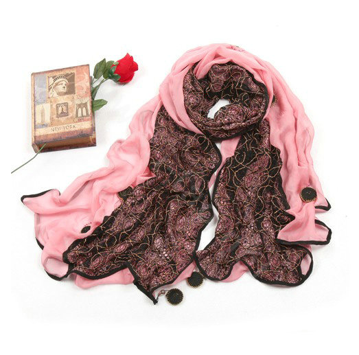 High-end Fashion long scarf shawl women warm lace chiffon wrap scarves - Pink
