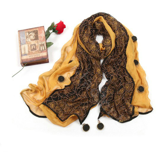 High-end Fashion long scarf shawl women warm lace chiffon wrap scarves - Yellow